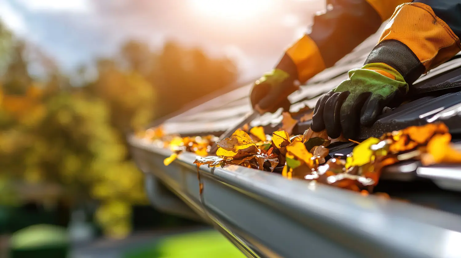 1A Qualitäts Umzüge GmbH - Eine Person, die an einem sonnigen Herbsttag Laub von einer Dachrinne entfernt.