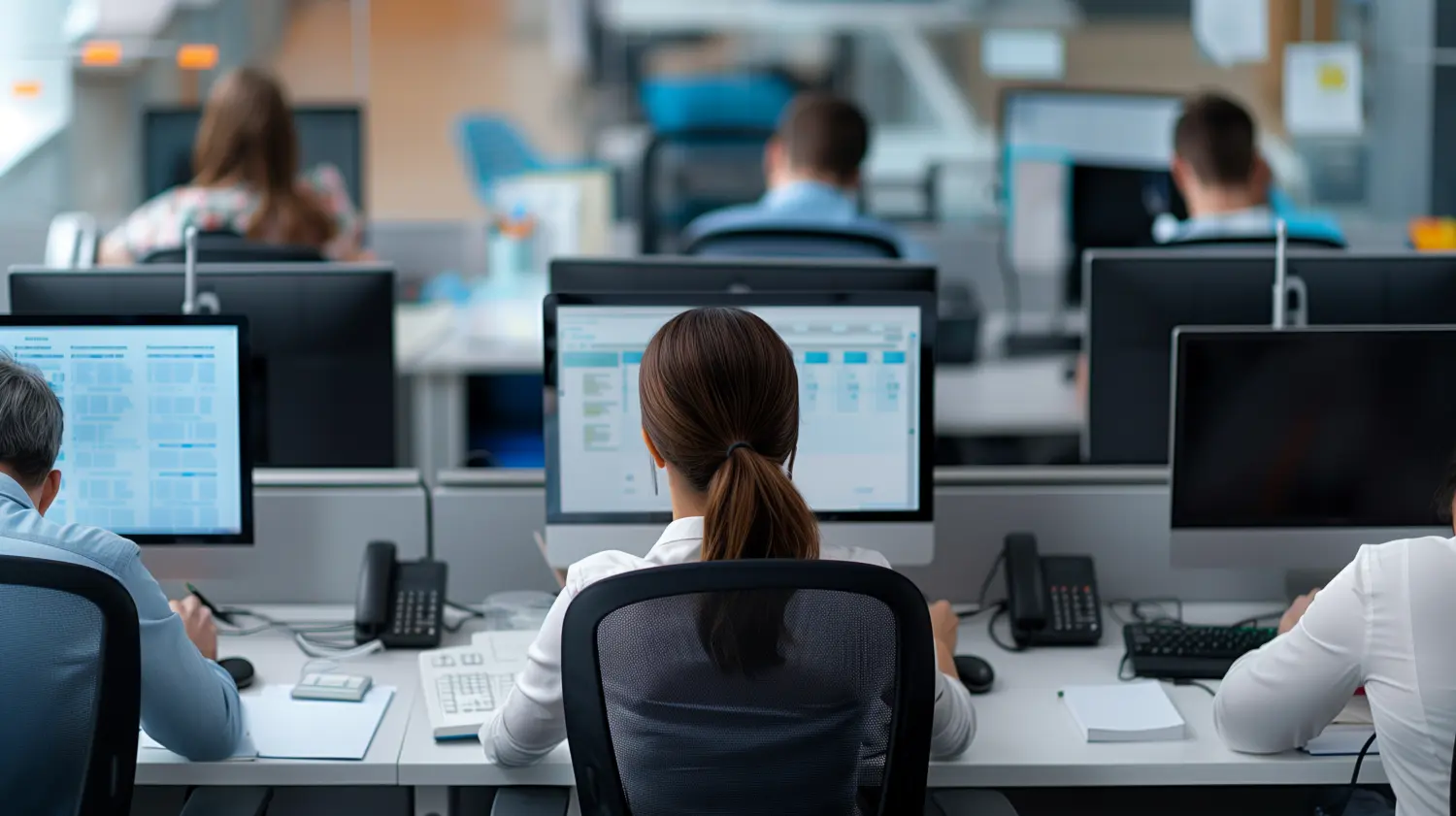 1A Qualitäts Umzüge GmbH - Eine geschäftige Büroumgebung mit mehreren Mitarbeitern, die an ihren Computern arbeiten