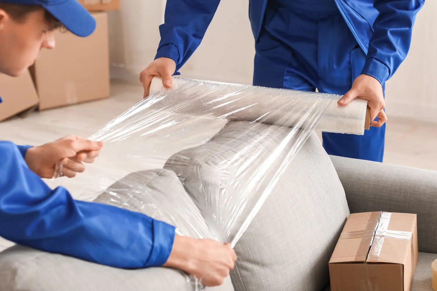 1A Qualitäts Umzüge GmbH - Männliche Umzugshelfer verpacken ein Sofa mit Stretchfolie in einem Raum